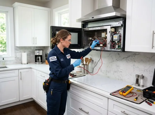 Appliance Repair Hero technician testing an over-the-range microwave in a Ardmore, PA kitchen